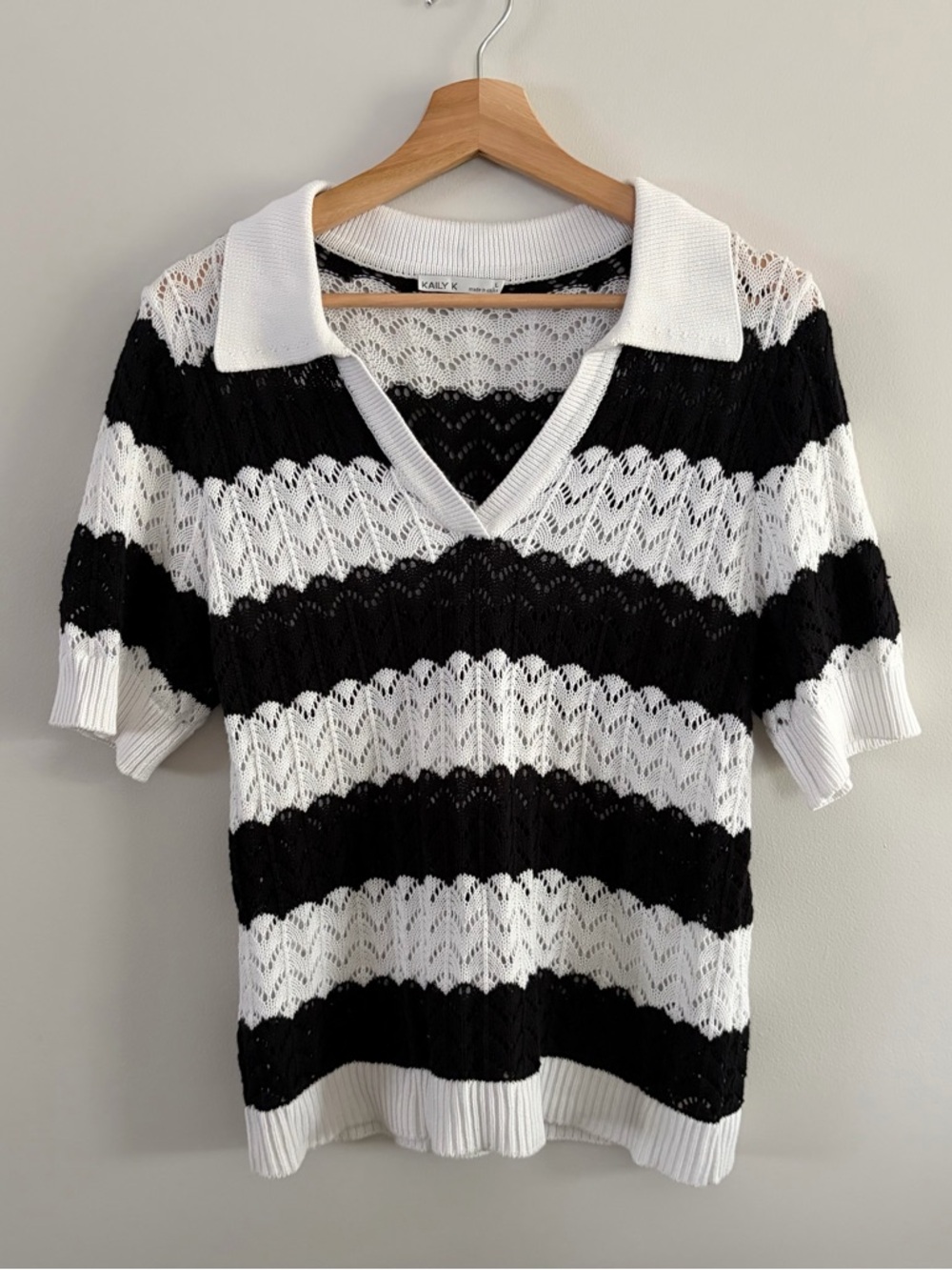 Striped Open-Knit Polo Sweater Tee